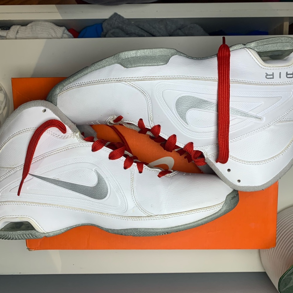 Nike air visi pro 3 White Sneakers with Silver Accents, white and red laces,
